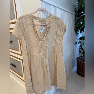 Beige V-Neck Pleated Women's linen dress by CP Shades